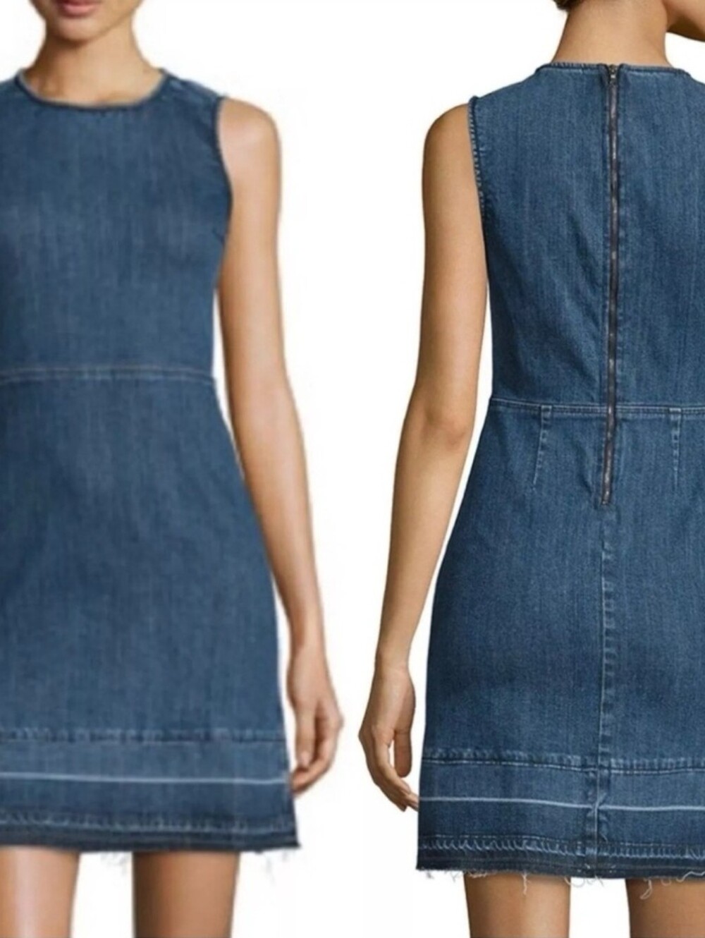 Theory Size 12 Denim Dress Raneid  D Mini Dress Raw Fringe Hem Exposed Zipper